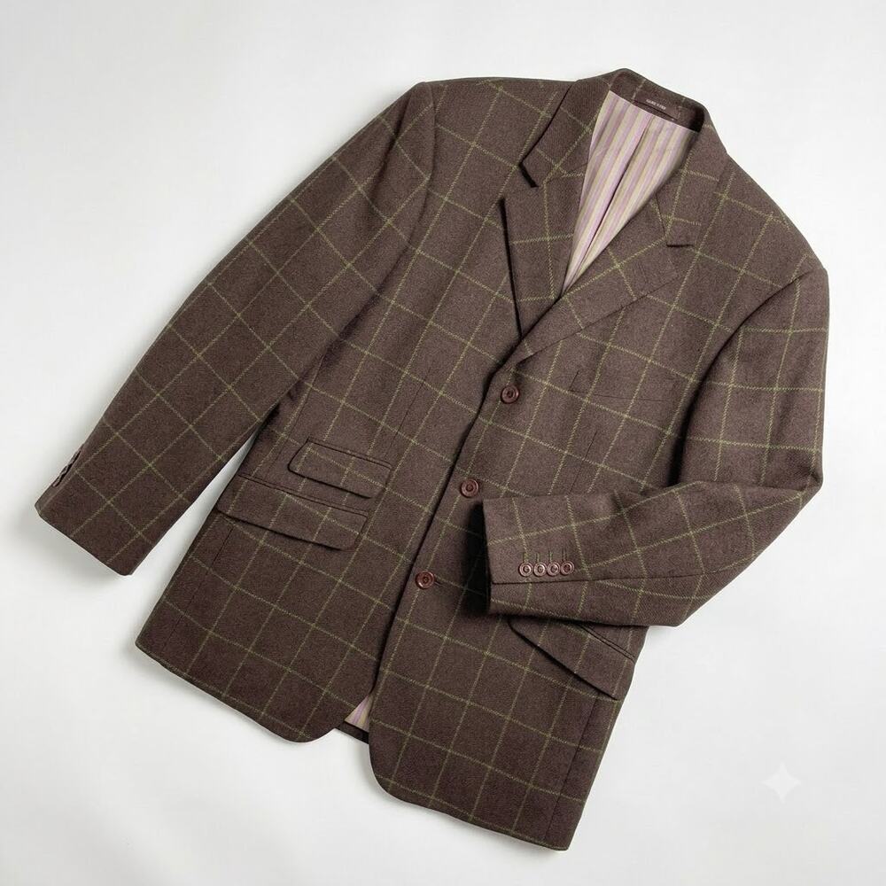 TailorByrd Flannel Windowpane Sport Coat Brown Wool Ticket Pocket Mens Large